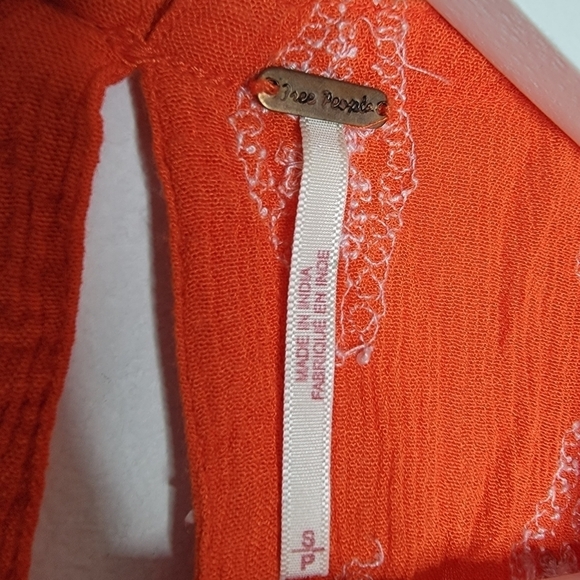 FREE PEOPLE Top Diamond Embroidered Sleeveless Deep V Neck Raw Swing Hem Orange - Picture 9 of 13